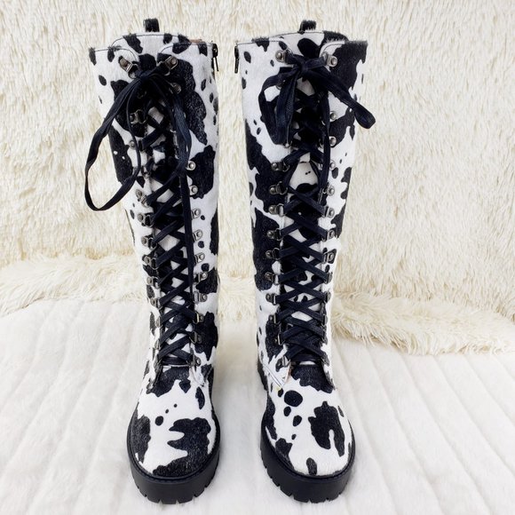 Savage Cow Combat Lace Up Knee Boots Faux Cow Print Brand New - Picture 13 of 17